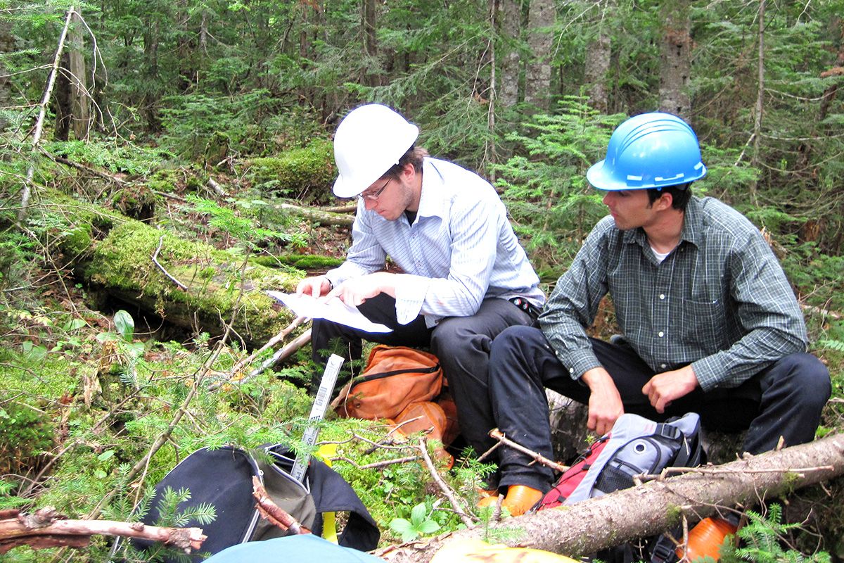 Deux étudiants dans la forêt qui font des tests sur le sol