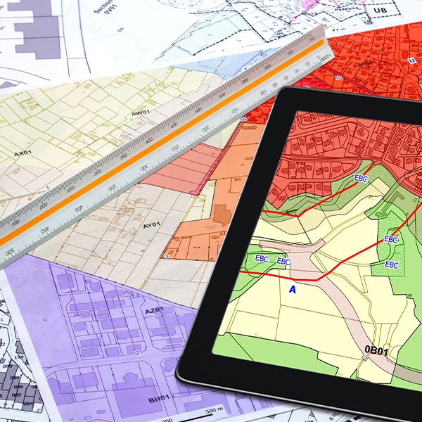 Cartes et plans imprimés de territoires et ipad montrant des cartes