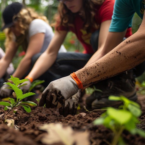 Groupe de jeunes accroupis dans le sol en train de planter des plantes dans le sol